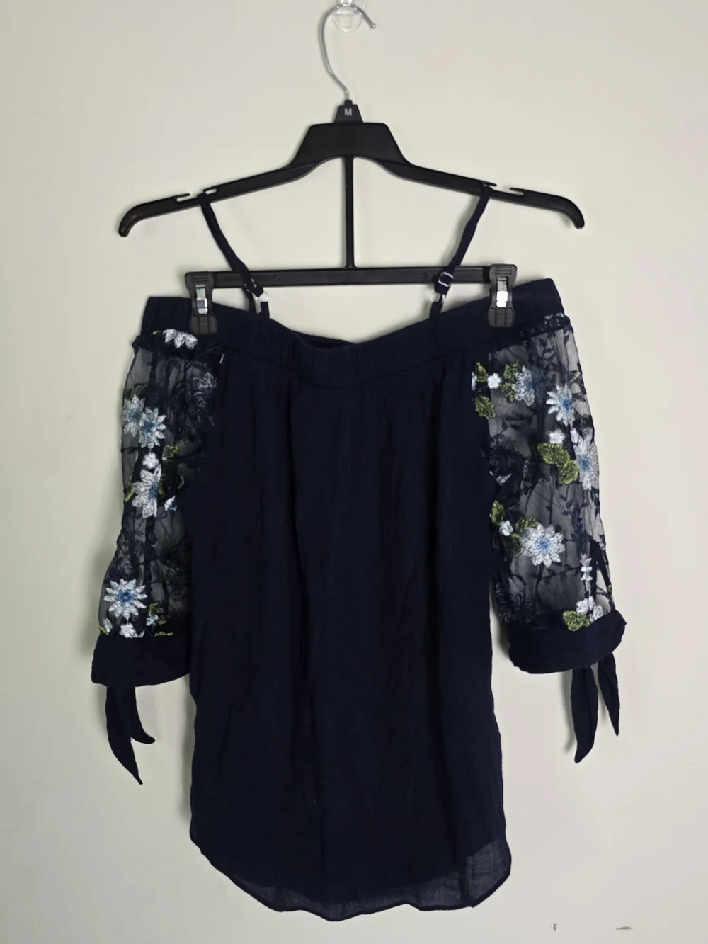 A. Byer Navy Off-Shoulder Camisole with Blue and Green Floral Embroidery